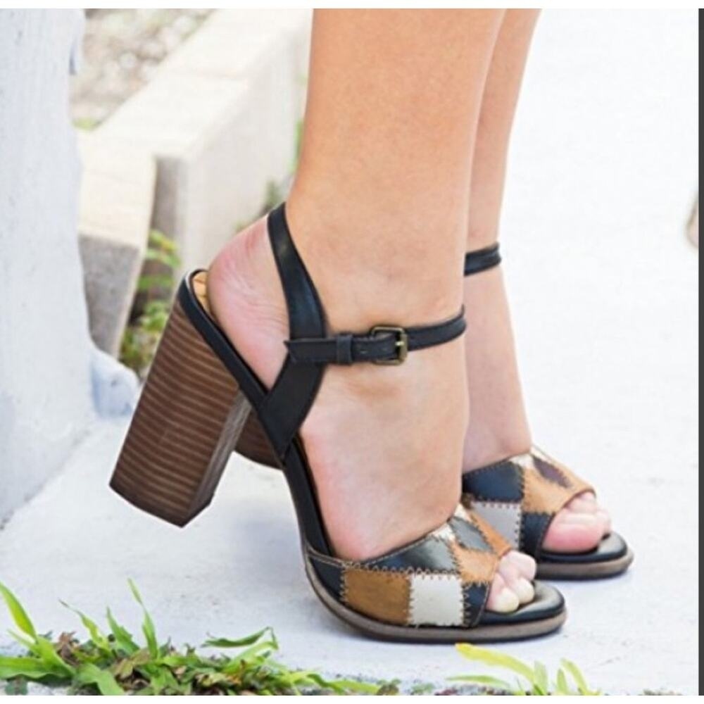 Mia Heritage Patchwork Leather Dolores Chunky Sandal Heels Size 7.5